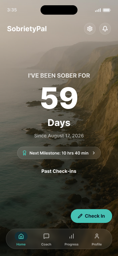 SobrietyPal app home screen showing a 59 day sober streak and check-in button
